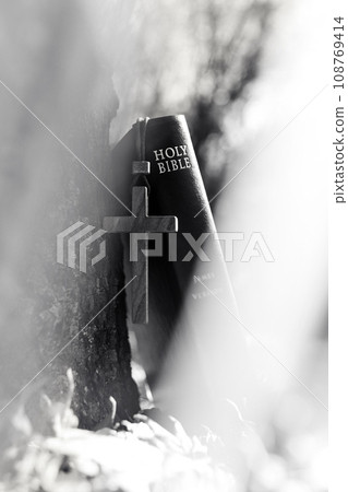 Beautiful sunlight and bright light illuminate the holy cross and Bible, symbolizing the death and resurrection of Jesus Christ. 108769414