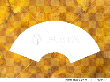 Watercolor fan-shaped cutout illustration, gold leaf, Japanese pattern, checkered pattern 108769416