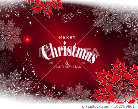 Christmas red composition with abstract fir tree and beautiful snowflakes 108769601