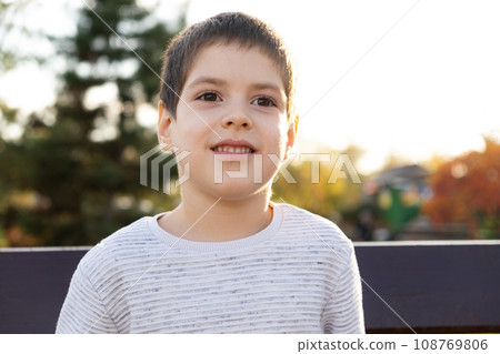 Portrait of a smiling six-year-old boy in an autumn park. Happy childhood 108769806