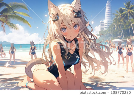 cute anime cat girl with blondish pinkish hairs on the beach, illustration cute anime cat girl with blondish pinkish hairs on the beach, illustration 108770280