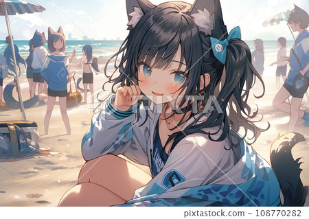 cute anime cat girl on the beach, illustration 108770282