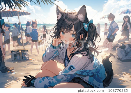 cute anime cat girl on the beach, illustration cute anime cat girl on the beach, illustration 108770285