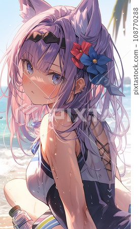 cute anime cat girl with violet hairs on the beach, illustration cute anime cat girl with violet hairs on the beach, illustration 108770288