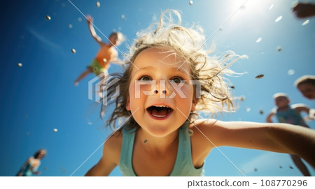 A young girl is smiling in the air while other children are playing, AI A young girl is smiling in the air while other children are playing, AI 108770296