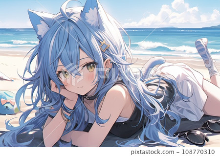 cute anime cat girl with blue hairs on the beach, illustration cute anime cat girl with blue hairs on the beach, illustration 108770310