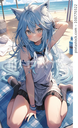 cute anime cat girl with blue hairs on the beach, illustration 108770322