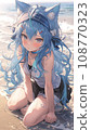 cute anime cat girl with blue hairs on the beach, illustration 108770323