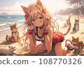 cute anime cat girl with blond hairs on the beach, illustration 108770326
