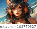 beautiful brunette cat girl with headphones, illustration 108770327