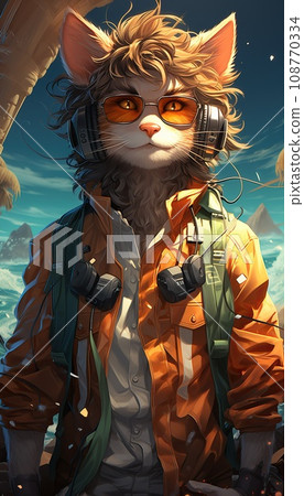 curly human cat aviator in uniform, illustration 108770334