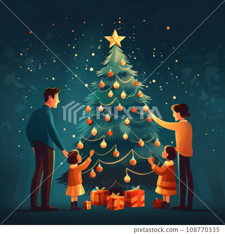 Family decorating christmas tree with presents, AI 108770335