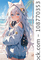 cute anime cat girl with white hairs on the beach, illustration 108770353