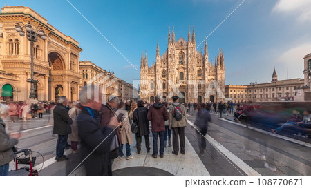 Panorama showing Vittorio Emanuele gallery and Milan Cathedral timelapse. Panorama showing Vittorio Emanuele gallery and Milan Cathedral timelapse. 108770671