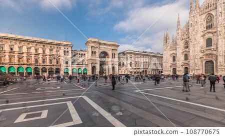 Panorama showing Milan Cathedral and Vittorio Emanuele gallery timelapse. Panorama showing Milan Cathedral and Vittorio Emanuele gallery timelapse. 108770675