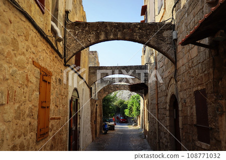 View of narrow cobbled street, Old Rhodes Town, UNESCO World Heritage Site, Rhodes, Dodecanese, Greek Islands, Greece, Europe View of narrow cobbled street, Old Rhodes Town, UNESCO World Heritage Site, Rhodes, Dodecanese, Greek Islands, Greece, Europe 108771032