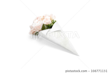 Blank white flowers packaging cone wrap mockup, top view 108771131
