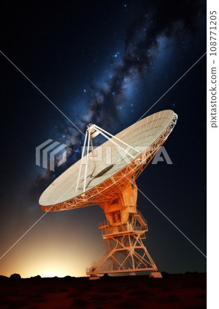 Huge radio telescope aimed directly into sky in middle of deserted desert catching signals 108771205