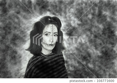 Halloween makeup doll with stitches on the face Halloween makeup doll with stitches on the face 108771600