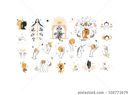 Hand drawn vector abstract graphic line illustration elements collection set,magic crescent,animals,flowers,frames,moon and human hands isolated. Mystical celestial esoteric magic design concept. Hand drawn vector abstract graphic line illustration elements collection set,magic crescent,animals,flowers,frames,moon and human hands isolated. Mystical celestial esoteric magic design concept. 108771679