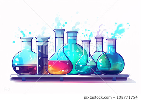 Chemistry Lab Equipment: Flasks, Beakers, and Burner Science Instruments on White Chemistry Lab Equipment: Flasks, Beakers, and Burner Science Instruments on White 108771754