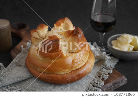 Portuguese pastry Fogaca with Porto wine 108771860