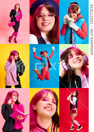Collage made of portrait of young girl with bright hair, makeup and piercing in different clothes against multicolored background Collage made of portrait of young girl with bright hair, makeup and piercing in different clothes against multicolored background 108772638