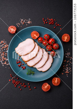 Delicious smoked pork or chicken meat with salt, spices and herbs 108773153