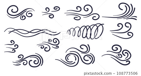 Comics style doodle wind motion collection. Hand drawn vector illustration set 108773506