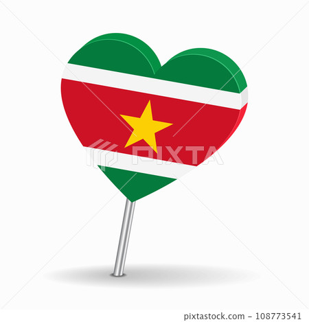 Surinamese flag heart-shaped map pointer layout. Vector illustration. 108773541