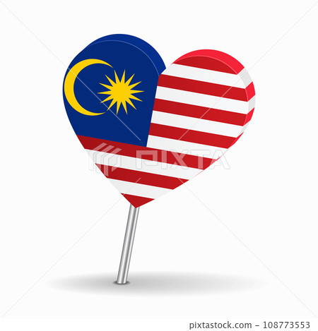 Malaysian flag heart-shaped map pointer layout. Vector illustration. 108773553