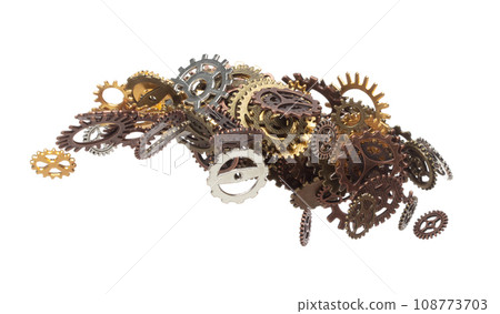 Cog wheel gear is spare part for industrial steel. Cogwheel gear head is innovation and brain teamwork. Many group gear wheel in difference color size fly in air. White background isolated 108773703