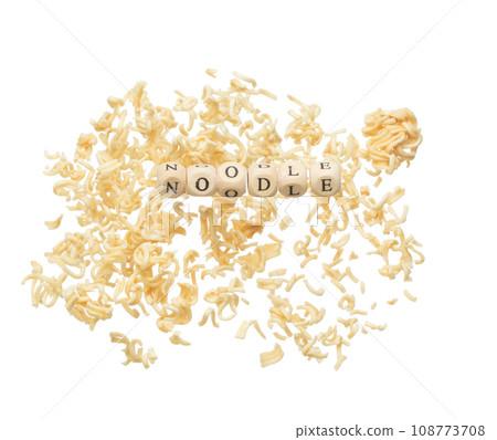 Alphabet letter wording "Noodle" bead toy flying over explosion flying in air. Noodle word alphabet letter show instant noodle ready to eat with hot water. White background isolated. 108773708