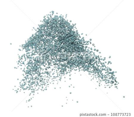 Fertilizer blue chemical accelerate growth fly fall explosion, many tiny ball fertilizer for planting float throw in mid air. White background isolated high speed freeze motion 108773723