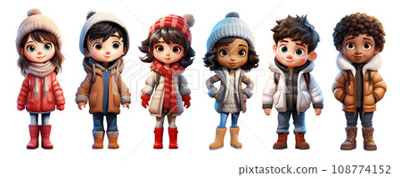 Cute Cartoon Realistic Happy Children Dressed in Winter Clothes Characters Set 108774152