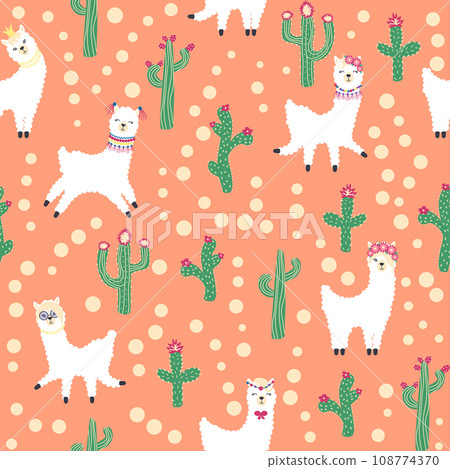 Cute pattern with llamas, cacti, Alps mountains, dream catcher, rainbows and hearts. Children s room design 108774370