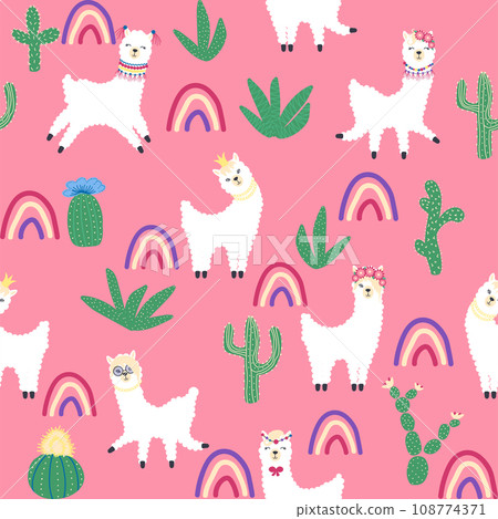 Cute pattern with llamas, cacti, Alps mountains, dream catcher, rainbows and hearts. Children s room design 108774371
