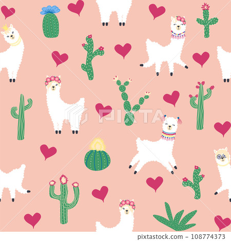 Cute pattern with llamas, cacti, Alps mountains, dream catcher, rainbows and hearts. Children s room design 108774373
