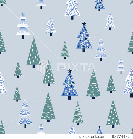 Winter forest scandinavian hand drawn seamless pattern. New Year, Christmas, holidays silver texture with Christmas Winter forest scandinavian hand drawn seamless pattern. New Year, Christmas, holidays silver texture with Christmas 108774482