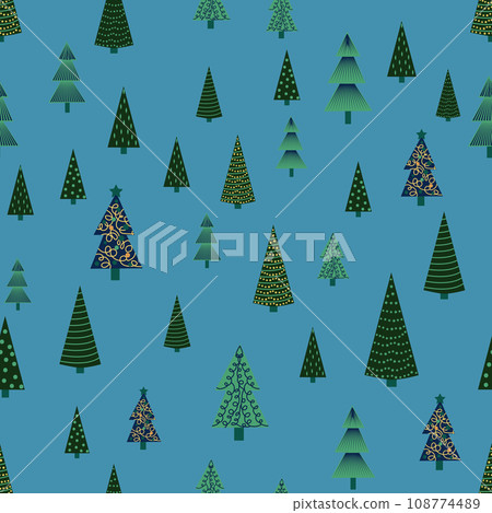 Christmas tree dense seamless pattern. golden christmas background, golden noel print, wrapping paper design Christmas tree dense seamless pattern. golden christmas background, golden noel print, wrapping paper design 108774489