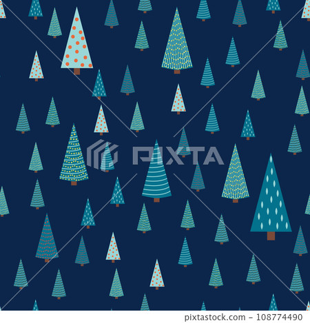 Winter forest scandinavian hand drawn seamless pattern. New Year, Christmas, holidays silver texture with Christmas Winter forest scandinavian hand drawn seamless pattern. New Year, Christmas, holidays silver texture with Christmas 108774490