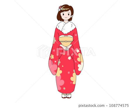 A girl with a bob wearing a red kimono with a floral pattern. Red A girl with a bob wearing a red kimono with a floral pattern. Red 108774575