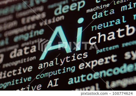 Display of computer monitor showing clouds of AI tags 108774624