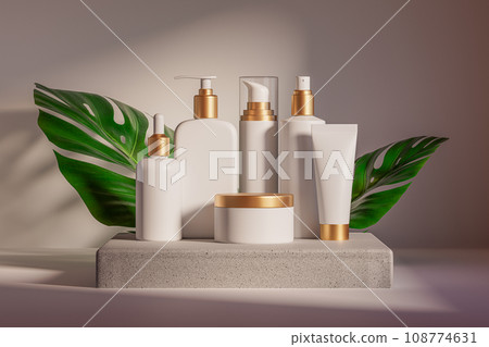 3d illustration of set of diverse cosmetic containers in white color standing on pedestal over white background 108774631