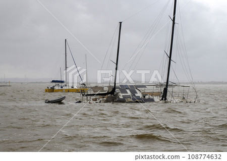 yacht stranded on the malecon of La Paz after the passage of Hurricane Norma on October 2023 Baja California Sur 108774632