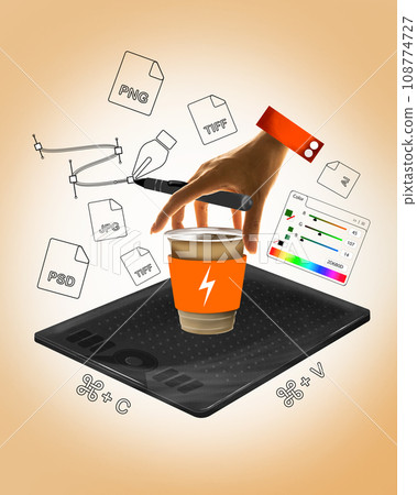 Female hand, designer working with digital pen and graphic tablet, drinking coffee and creating artworks. Contemporary art collage. Female hand, designer working with digital pen and graphic tablet, drinking coffee and creating artworks. Contemporary art collage. 108774727