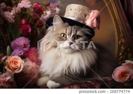 cat in victorian hat with flowers kitten illustration cat in victorian hat with flowers kitten illustration 108774774
