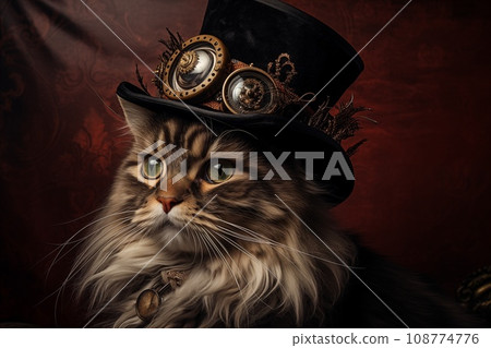 Cute cat wearing a steampunk hat with goggles. illustration isolated on velvet background 108774776