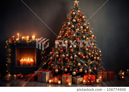 Christmas festive interior. With copy space. New Years Eve. Decorated Christmas tree, burning candles, fireplace, gifts. Golden red balls. New Year background. Postcard, banner, design. New Years Eve. Christmas festive interior. With copy space. New Years Eve. Decorated Christmas tree, burning candles, fireplace, gifts. Golden red balls. New Year background. Postcard, banner, design. New Years Eve. 108774998