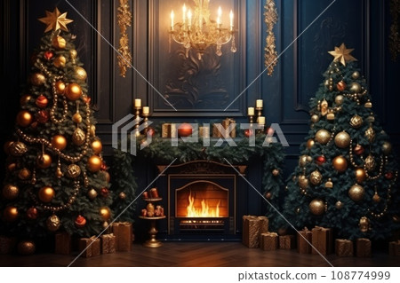 Christmas festive interior. New Years Eve. Two decorated Christmas trees, burning fireplace, glowing chandelier. New Year holiday background. With copy space. Postcard, banner, design, Merry Christmas Christmas festive interior. New Years Eve. Two decorated Christmas trees, burning fireplace, glowing chandelier. New Year holiday background. With copy space. Postcard, banner, design, Merry Christmas 108774999